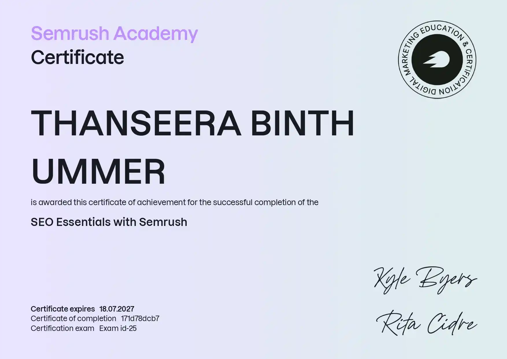 Semrush Academy SEO Essentials certificate awarded to Thanseera Binth Ummer