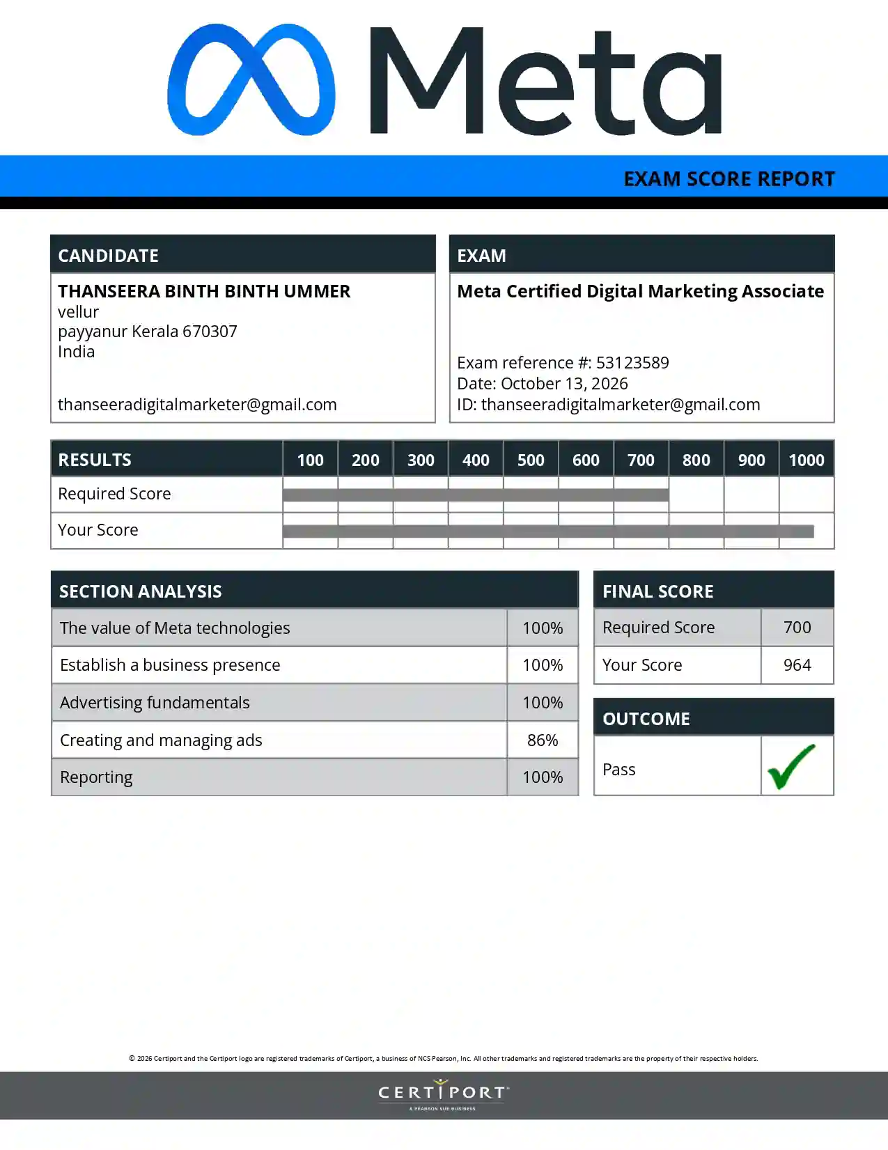 Meta Certified Digital Marketing Associate exam score report showing a passing score of 964 for Thanseera Binth Ummer