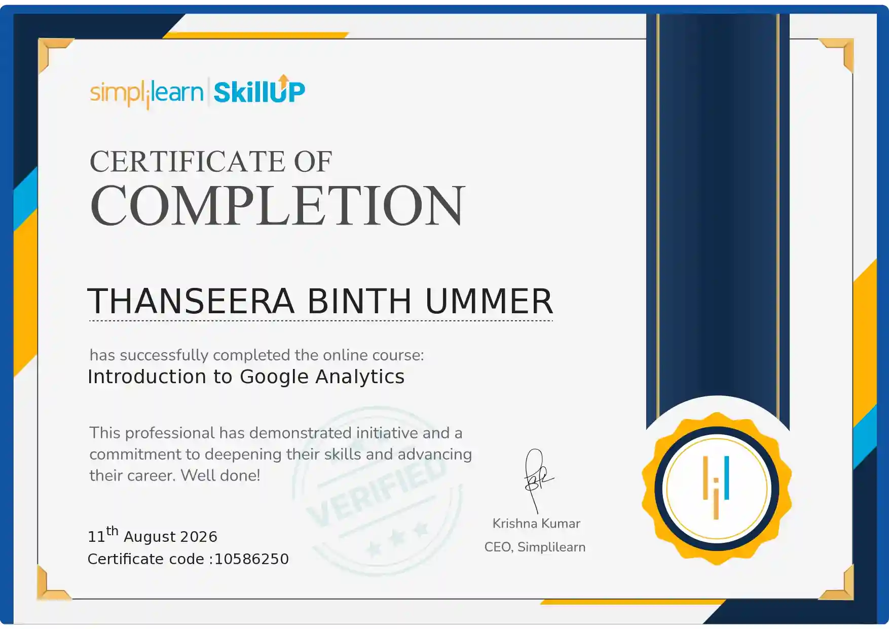 Introduction to Google Analytics certificate awarded to Thanseera Binth Ummer