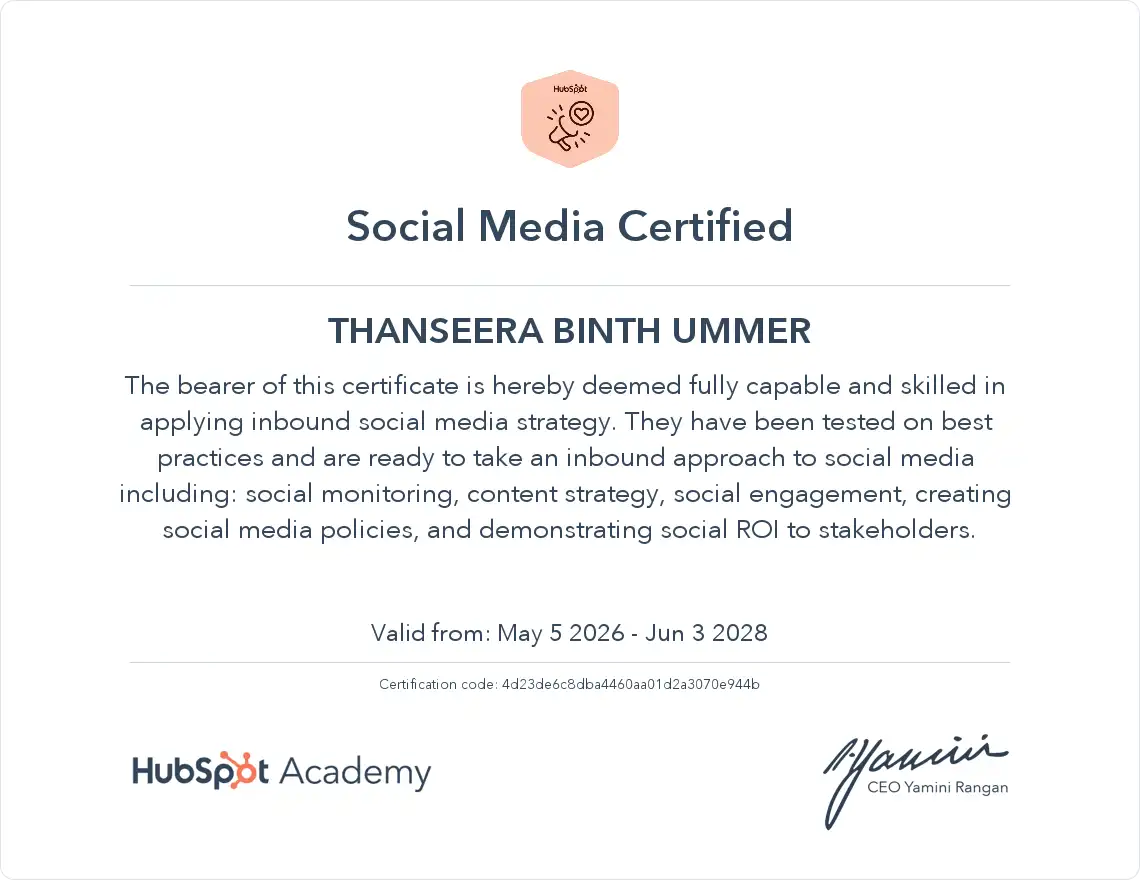 HubSpot Social Media Certification awarded to Thanseera Binth Ummer