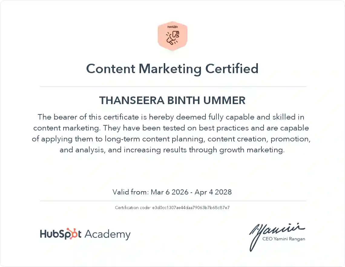 HubSpot Content Marketing Certification awarded to Thanseera Binth Ummer